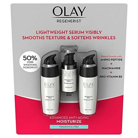 Olay Regenerist Regenerating Serum, Fragrance-Free Anti-Aging Moisturizer, Two 1.7 oz bottles and One .5 oz Bottle (Total 3.9