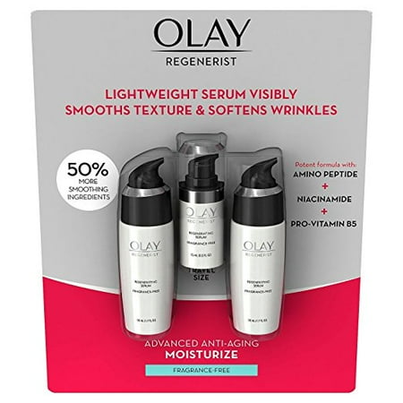 - Olay Regenerist Regenerating Serum, Fragrance-Free Anti-Aging Moisturizer, Two 1.7 oz bottles and One .5 oz Bottle (Total 3.9 Oz)