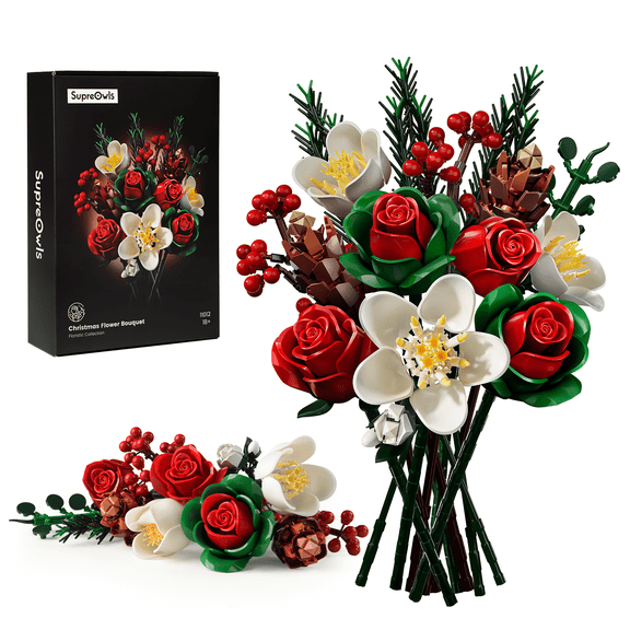 Christmas Rose Bouquet Building Set, Artificial Flowers Botanical Collection Home Decor Flowers for Adults - Gift for Christmas & Valentines Day