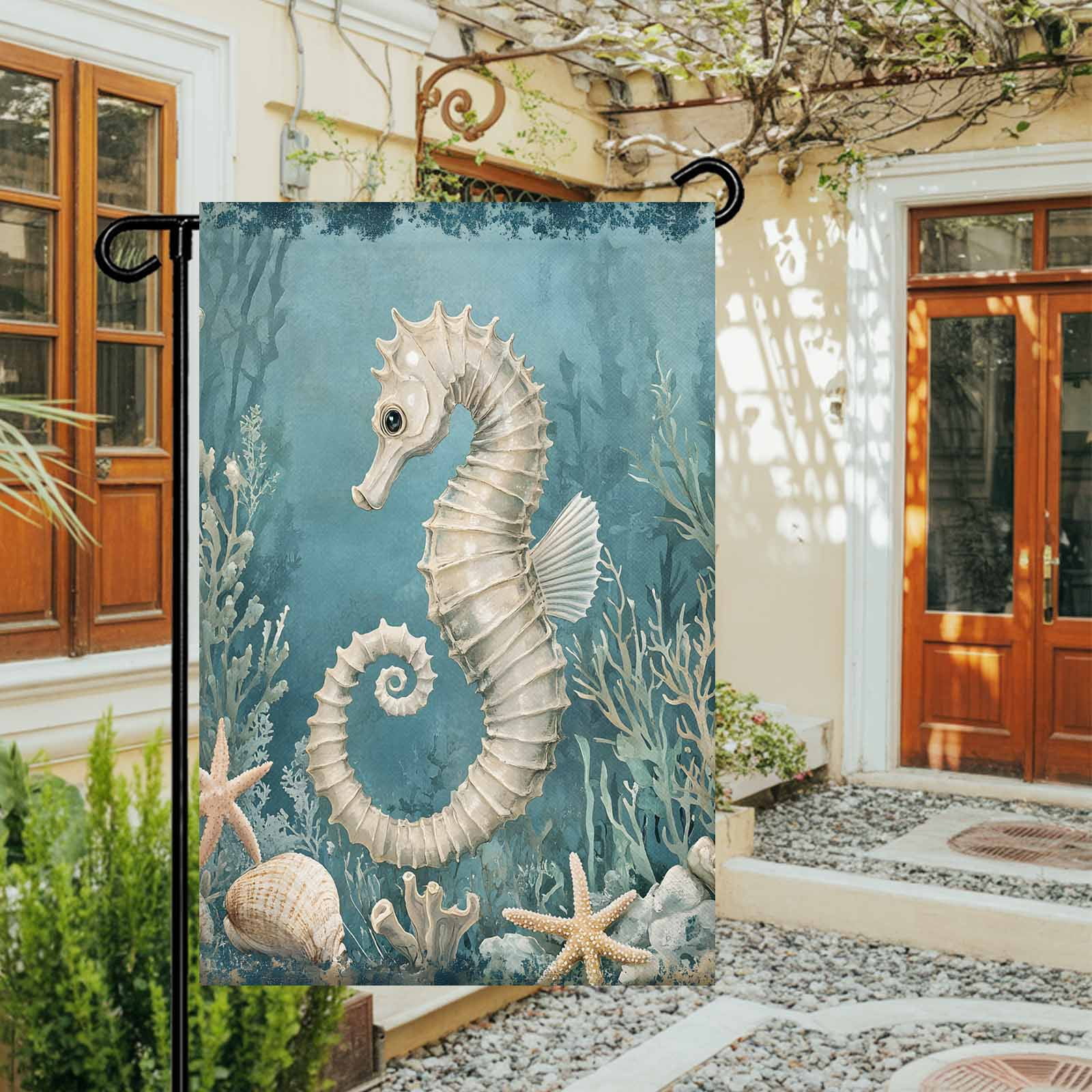 Garden Flag Double-Side Printed House Flag Seahorse Yard Flag Coral Starfish Blue Ocean Welcome Banner Decor Outdoor Holiday Decorations 28*40in