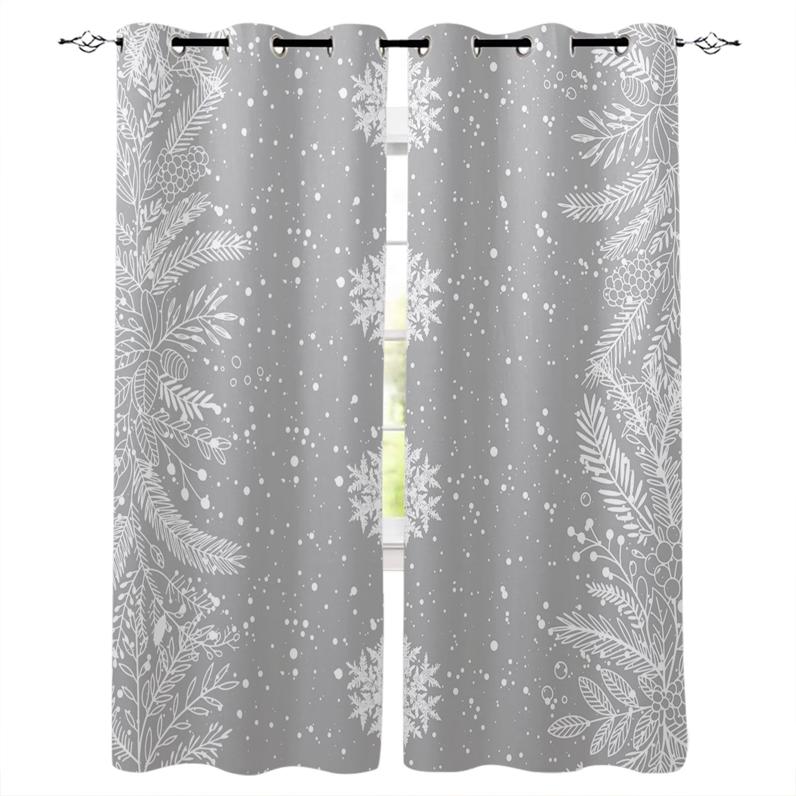 Blackout Curtains for Bedroom, Christmas Snowflakes Thermal Insulated Black Out Curtains 45 Inches Long, Winter Xmas Pine Leaf Grey White Grommet Living Room Darkening Curtain Drapes 42"x45" 2 Panels