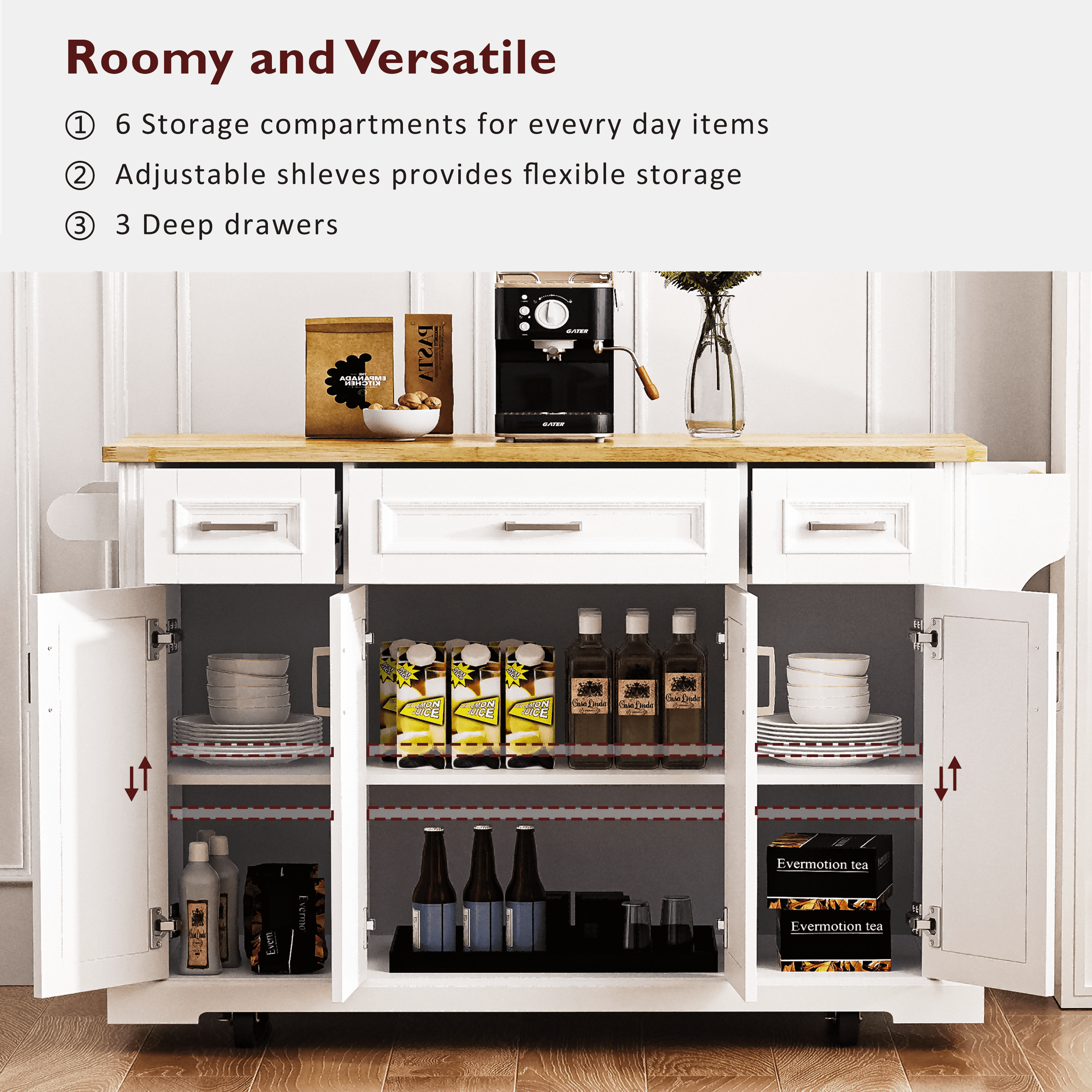 DTTRA 54" Large Kitchen Island with Rubber Wood Drop Leaf, Rolling Kitchen Cart on Wheels with 4 Doors, 3 Drawers & Adjustable Shelves, Rustic Embossed Texture Storage Cabinet for Kitchen,Dining Room