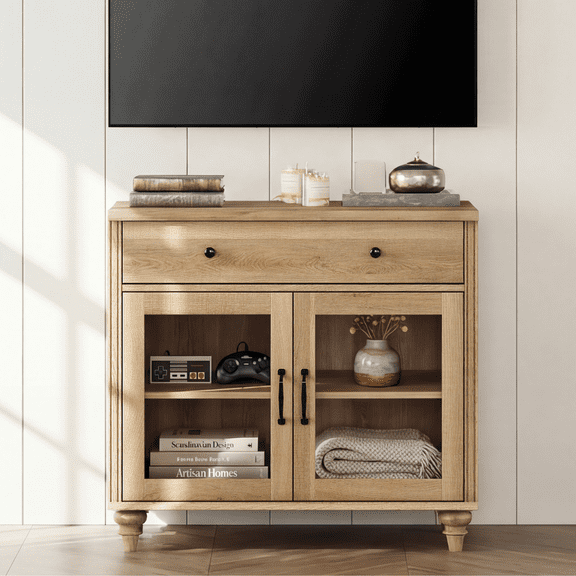 Farmhouse TV Stand For 43 Inch TV With Glass Doors And Drawer, Wood Universal TV Stand With Storage Cabinets, Entertainment Center TV Console Table For Living Room, Bedroom, Oak