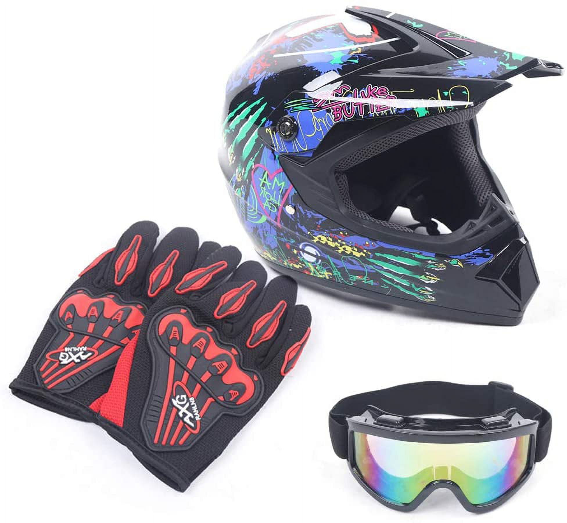 Aiqidi Youth Kids Motocross Helmet Unisex Off Road Helmet Offroad Helmet Muti-Color Helmet Set with Goggles Glove DOT Motocross ATV Dirt Bike Helmet Kit (Size 1/ M)