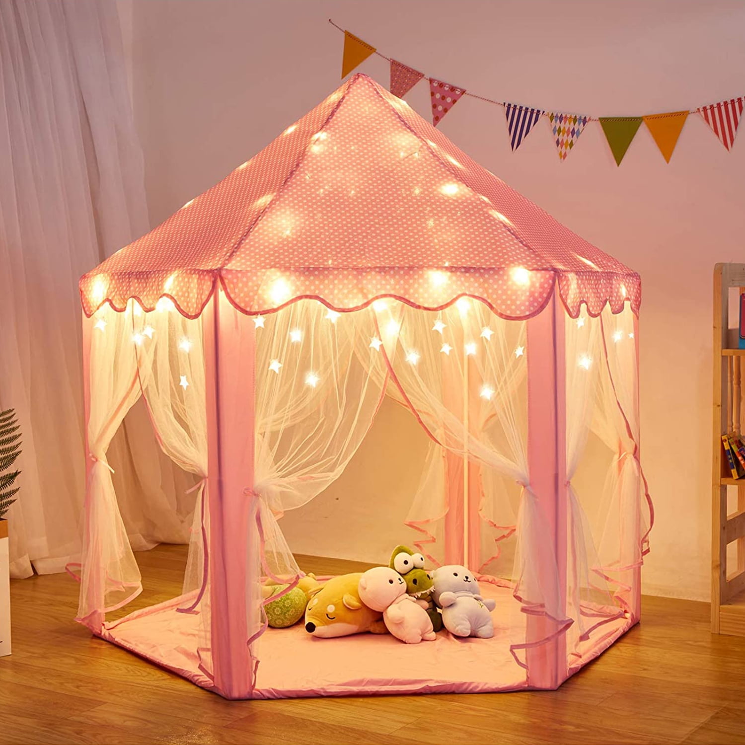 CIPACHO Play Castle Tent for Kids, Indoor Children Playhouse with Warm LED Star Lights, Birthday and Christmas Toy Gift, Pink