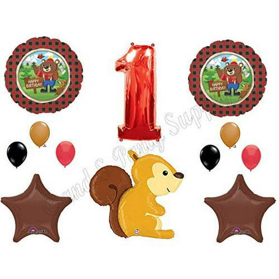 LUMBERJACK 1st Birthday Party Balloons Decoration Supplies Wild One Squirrel Plaid