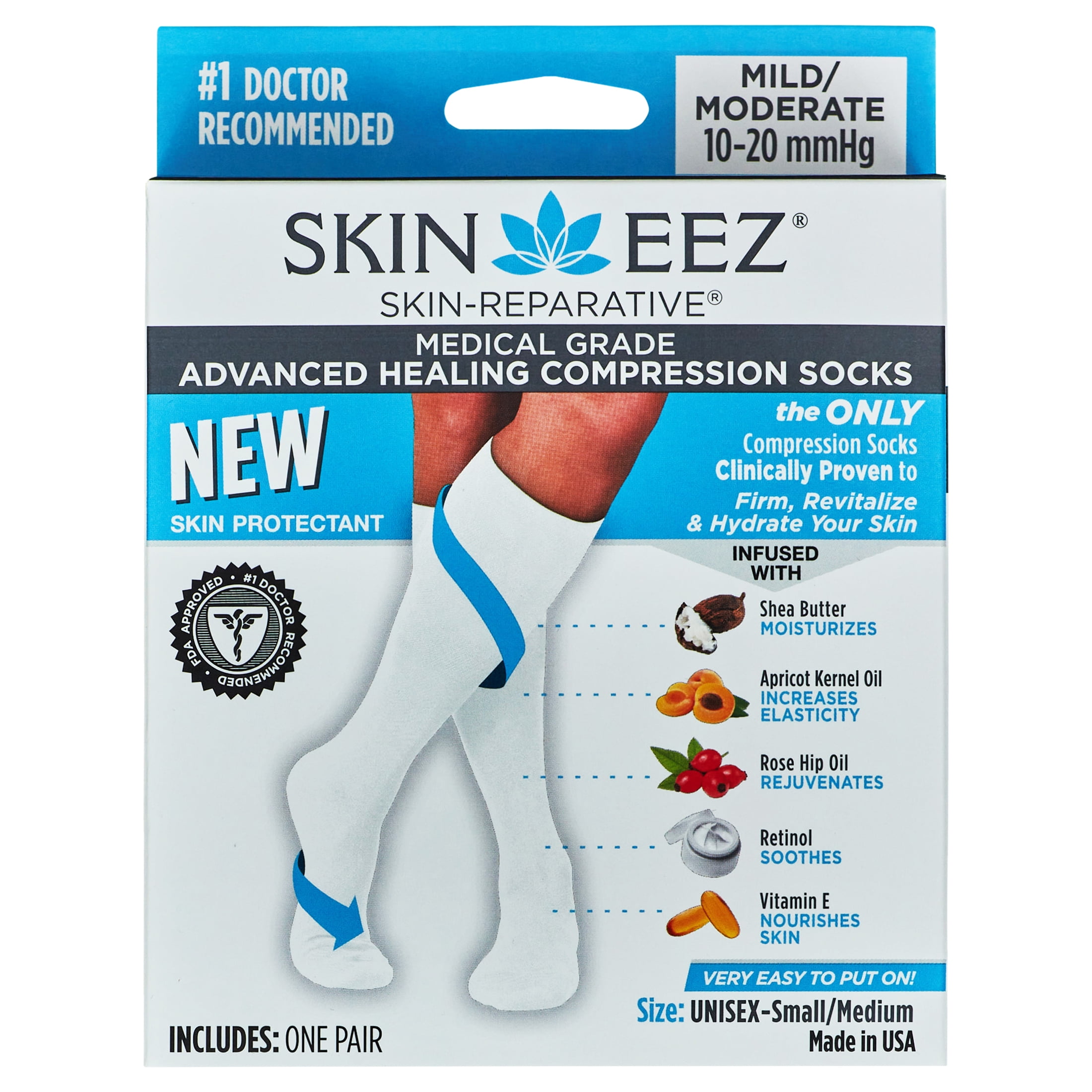 SKINEEZ white small/medium skin-reparative hydrating compression socks for women and men 10-20 mmhg