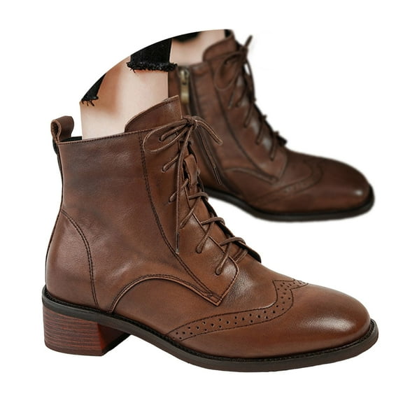 Mepaouo Women's Leather Ankle Boots Low Heel Lace up Oxfords Comfort Business Work Combat Booties