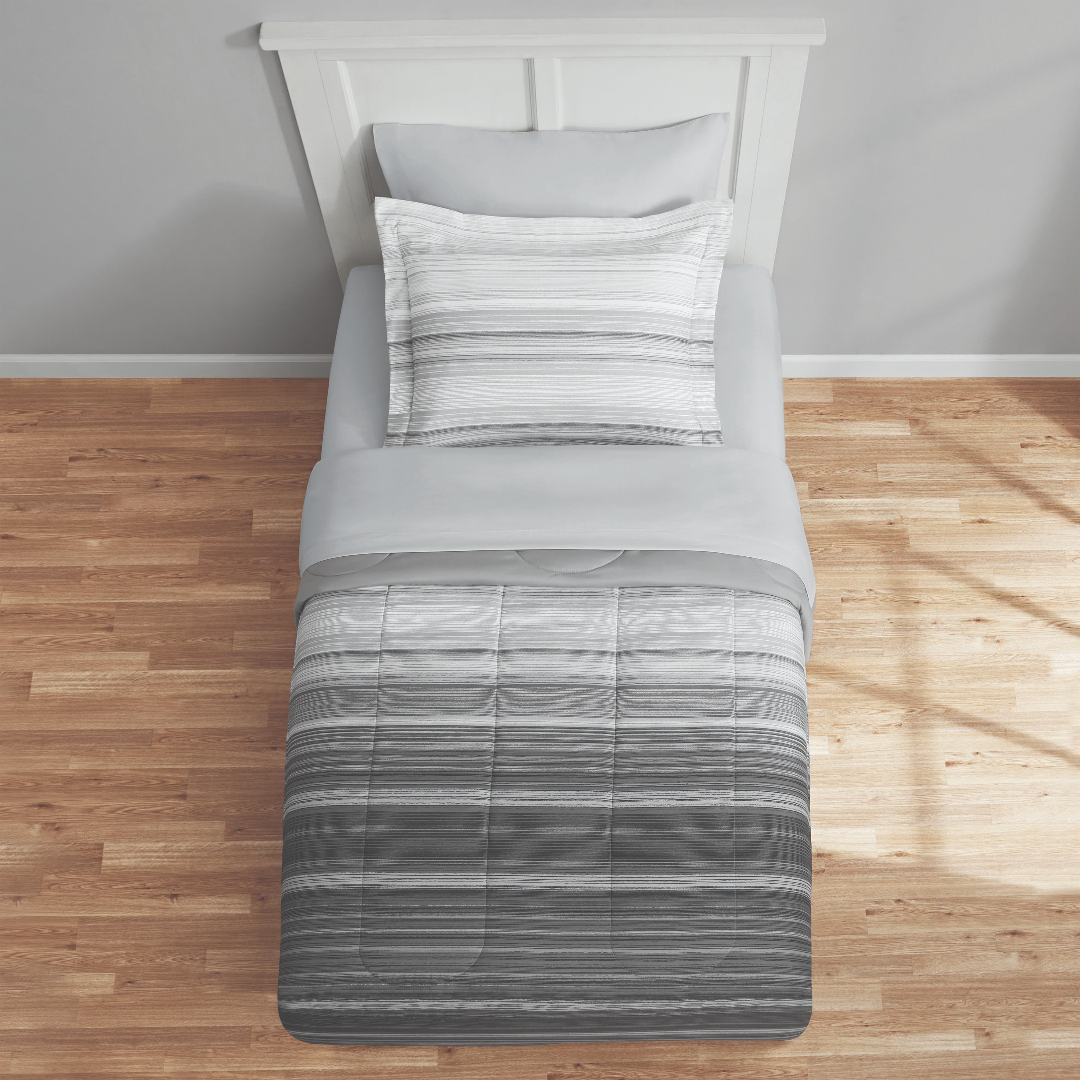 Mainstays All in One Reversible Comforter and Sheet set- 5 Piece, Twin, Grey Stripe