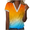 thumbnail image 2 of Hauts d'Été pour Femmes 2023 Mode Grande Taille Col en V Patchwork en Dentelle Manches Courtes Blouse Décontractée Chemises Col en V en Dentelle pour Femmes, 2 of 5