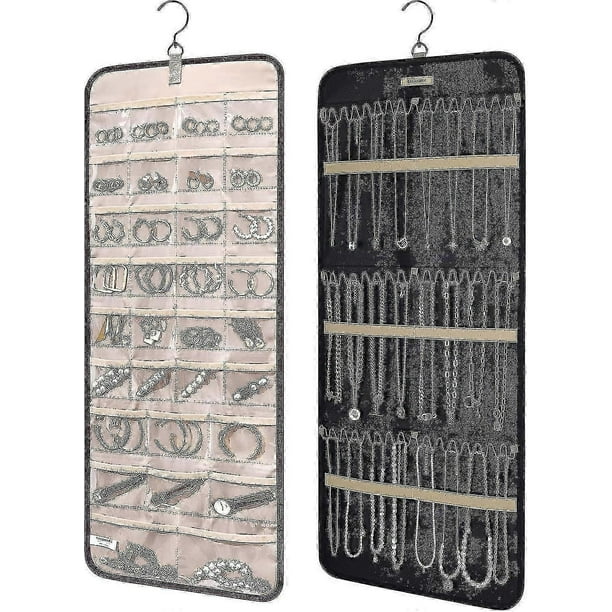 Hanging Jewelry Organizer Storage Roll With Hanger Metal Hooks Double-sided Jewelry Holder For Earrings, Necklaces, Wall, Door, 1 Piece, Large, Black