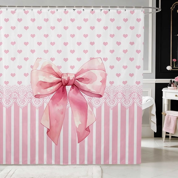 Erosebridal Pink Heart Bow Lace Shower Curtain 72Wx72L for Girls, Romantic Girly Polka Dot Stripe Waterproof Bathroom Curtain