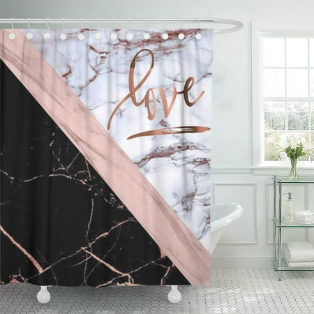 SUTTOM Pink White Elegant Rose Marble Love Gold Black Stripes Shower Curtain 60x72 inch