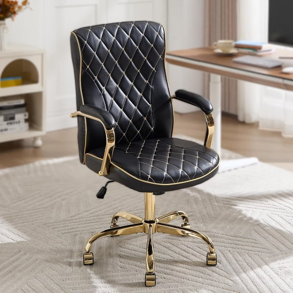 Black and Gold Office Desk Chair,Conference Room Chairs,Mid Back Vintage Executive Leather Chair,Ergonomic Computer Swivel Chair with Rocking Function and Padded Arms,Adjustable Height