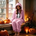 thumbnail image 6 of Matching Halloween Pumpkin Onesie Costume for Adults, Flannel Hooded Pumpkin Pajamas with Spooky Ghost Print, Halloween Pajamas for Couple, Cozy Oversized Fit Jumpsuit for Halloween Costume Party, 6 of 8