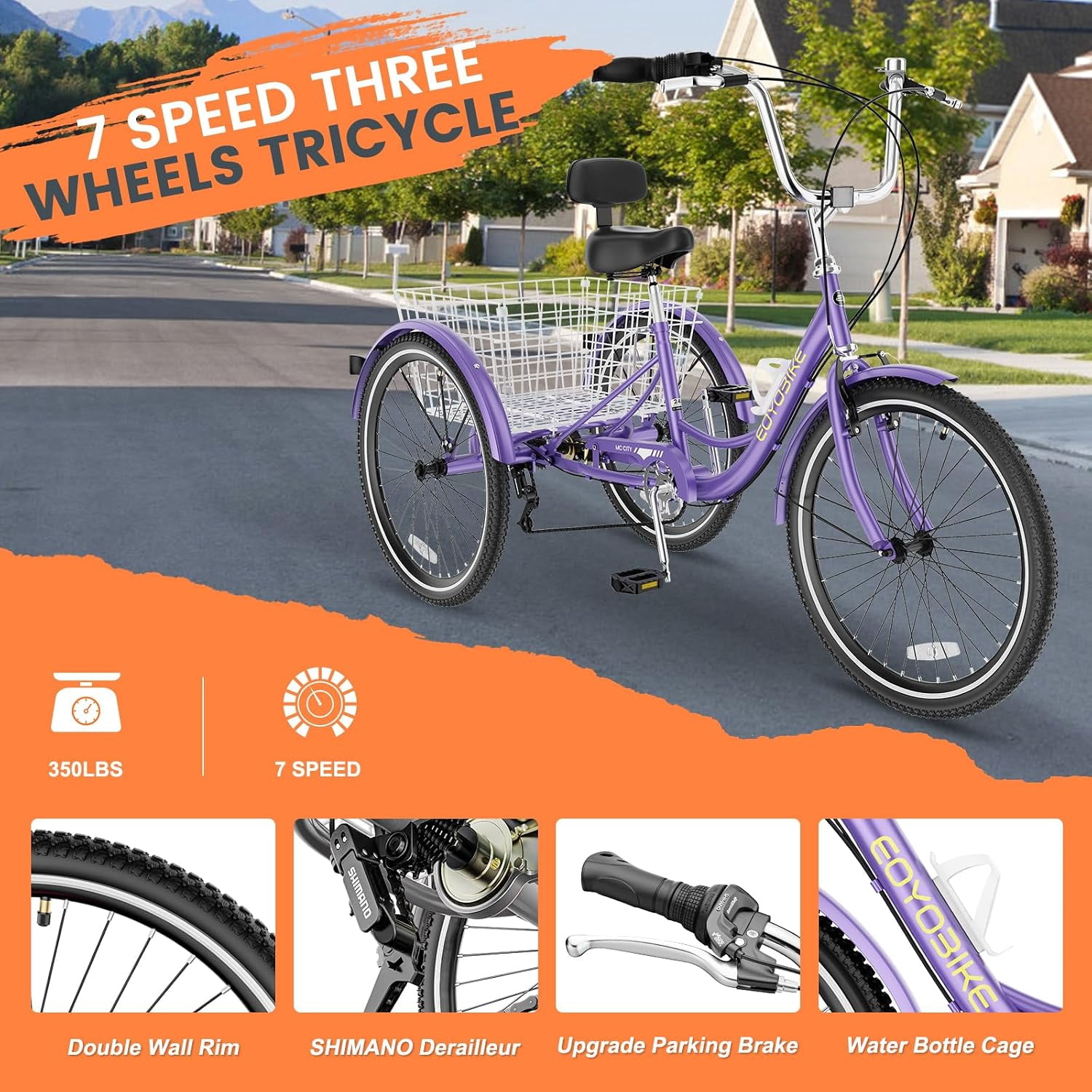 Lilypelle Adult Tricycles 7 Speed 26 inch Three Wheel Bike Cruiser Trike with Low-Step Through Frame/Large Basket for Men,Women,Seniors,Purple