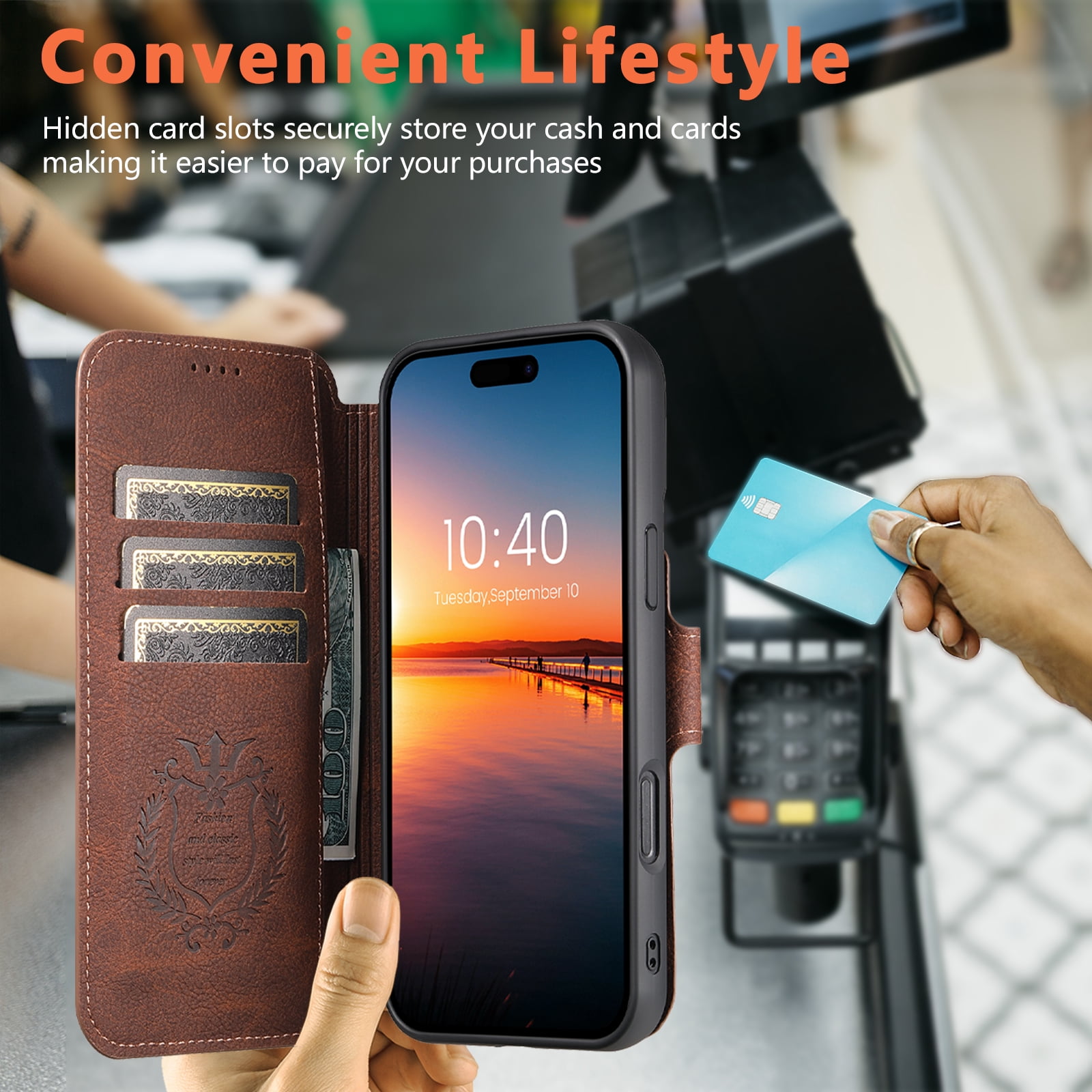 For iPhone 15 Pro Max Wallet Phone Case,Magnetic Detachable PU Leather Flip Design,Compatible with Mag-Safe,With Card Slots,Kickstand,Magnetic Closure Shockproof Anti-Fall Rugged Phone Case,Brown