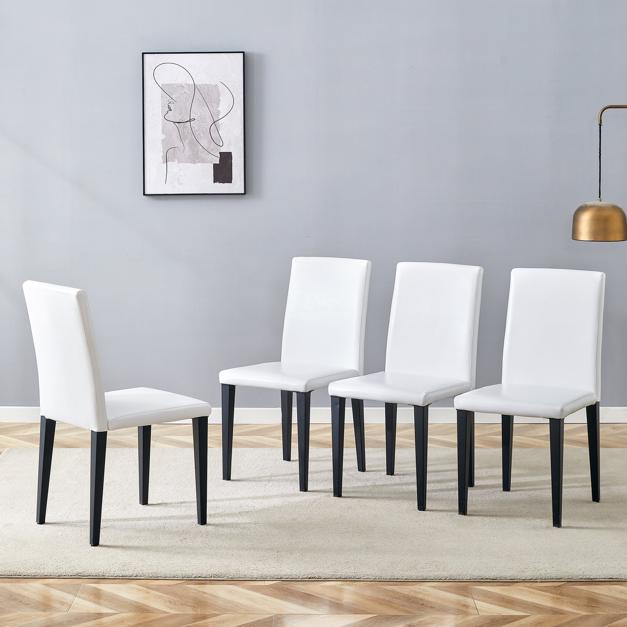 Dining Chairs Set of 4, White PU Leather Dining Chairs 35.4 Inch High with Ergonomic Backrest, 17x16 Sponge Seat, Modern Kitchen Chairs for Dining Room, Home Office and Living Space, Black Metal Leg