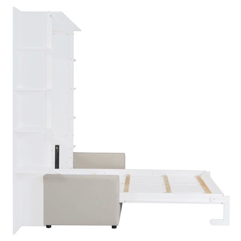 Queen Size Murphy Bed with Sofa, Wooden Wall Bed with Storage Shelves, Folding Platform Bed with Built-in LED Spotlights