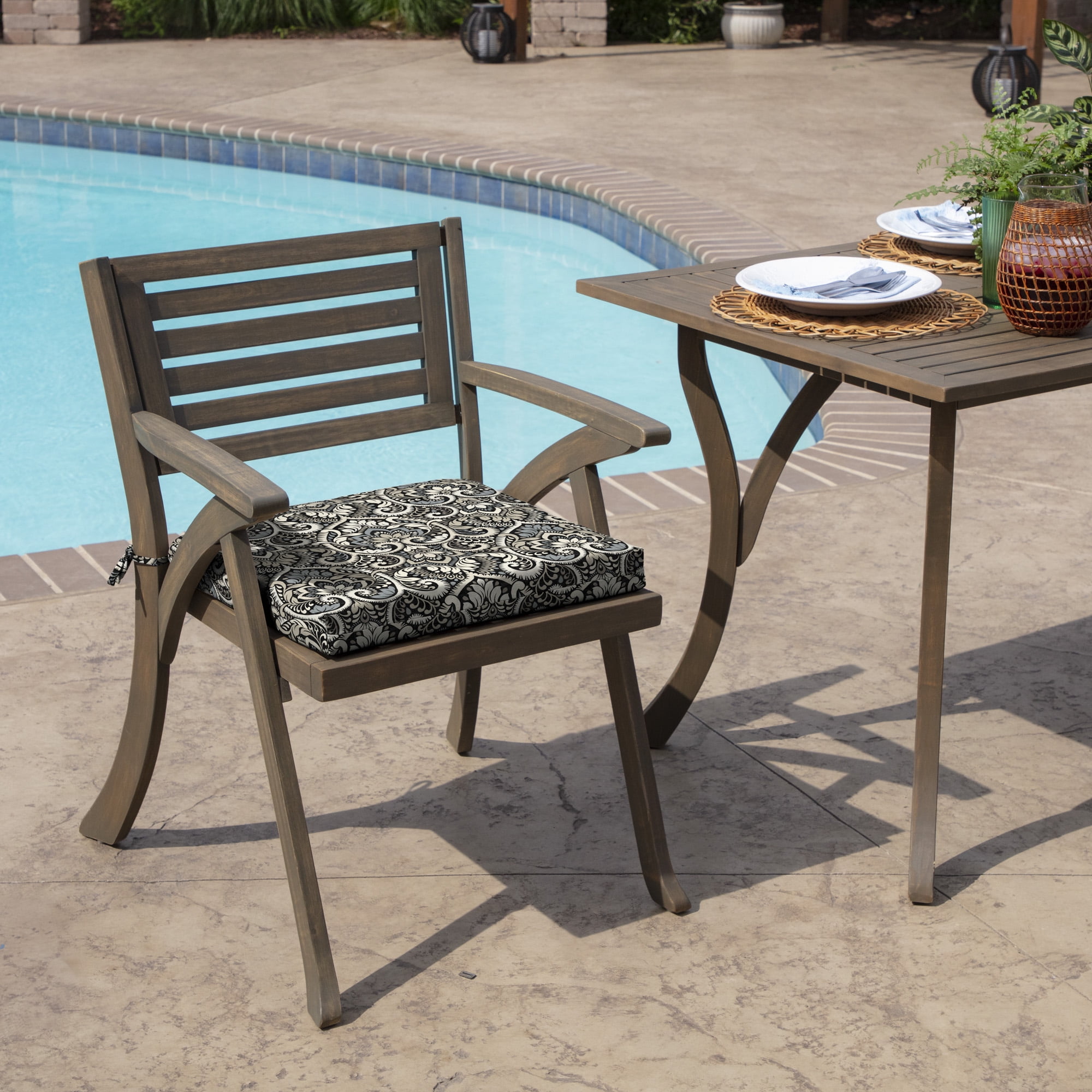 ARDEN Outdoor Seat or Rocking Chair Cushion, 19 x 18, Water Repellent, Fade Resistant, Black Aurora Damask