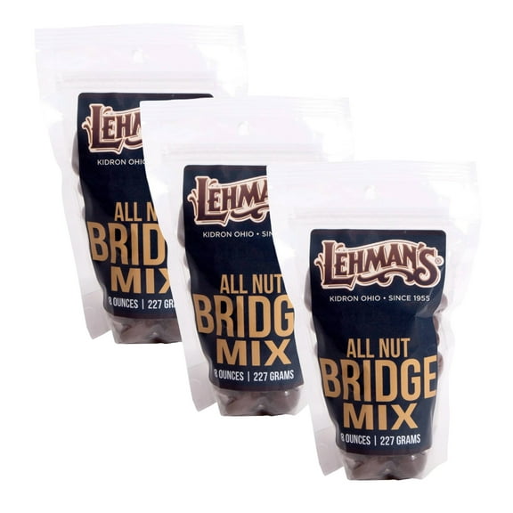 Lehman's Chocolate Covered Nuts Bridge Mix with Cashews, Almonds, Pecans and Brazil Nuts, 3 Pack of 8 oz Resealable Bags