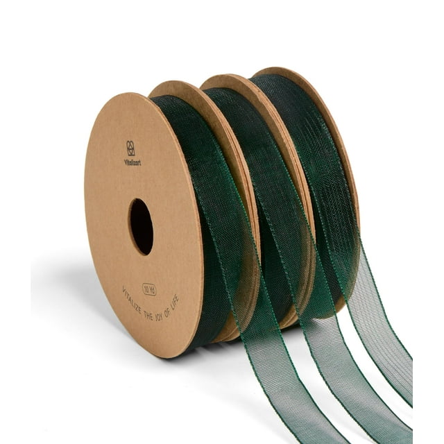 Cinta de organza Vitalizart de 1 cm x 9 m, color verde navideño, 3 rollos
