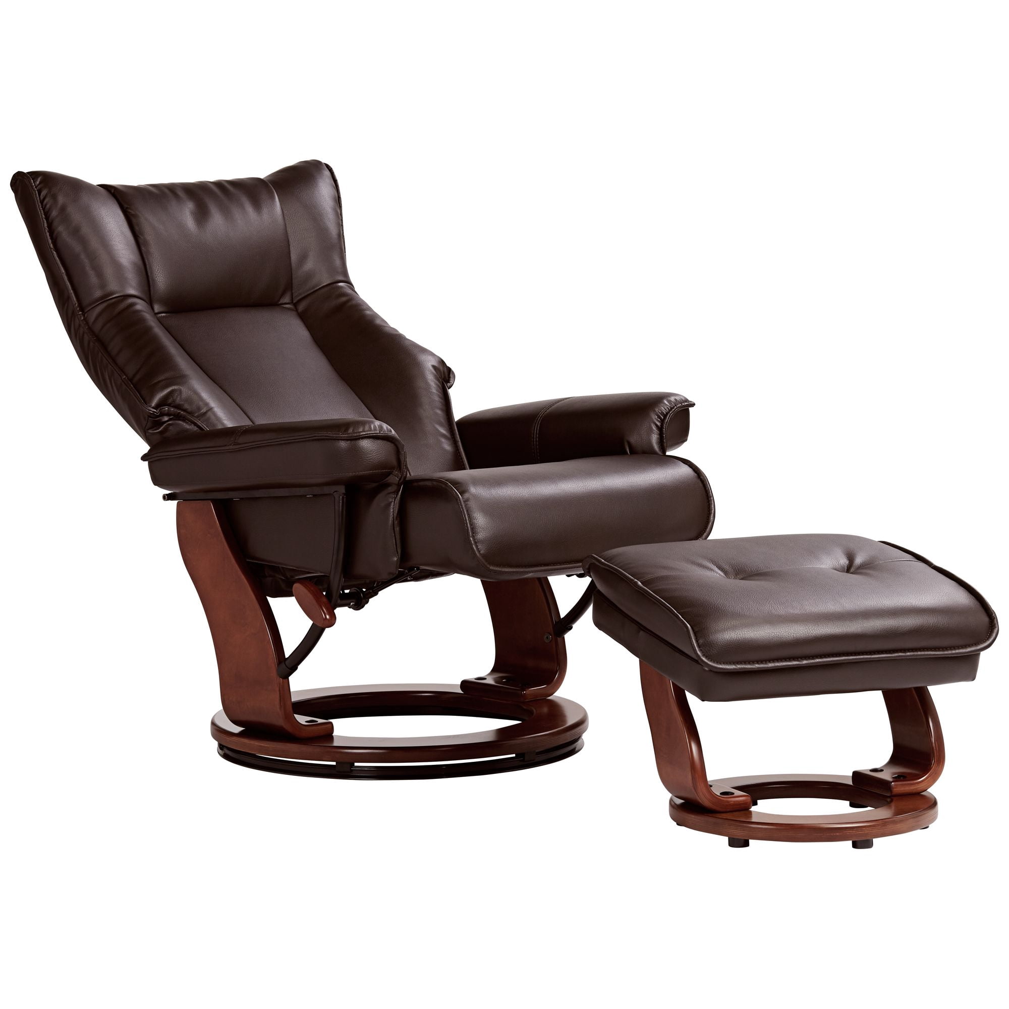 BenchMaster Morgan Java Faux Leather Recliner Chair Modern Armchair Ottoman Footrest Ergonomic Manual Reclining Swivel for Bedroom Living Room Reading