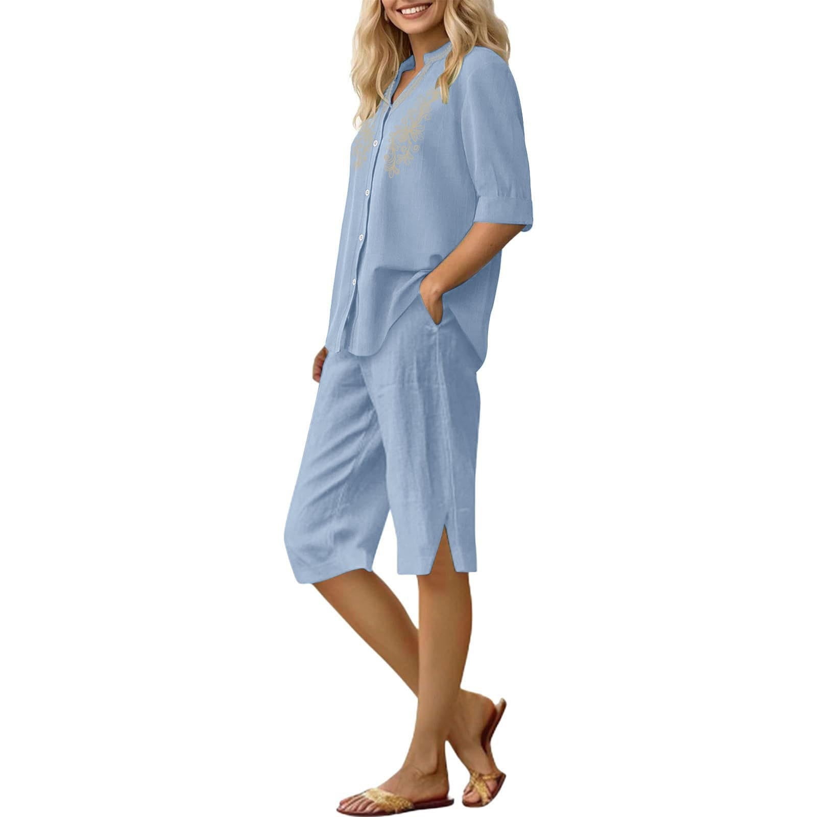 Womens 2 Piece Outfits Short Sleeve Cotton Linen Embroidered Shirts Wide Leg Capri Pants Matching Sets