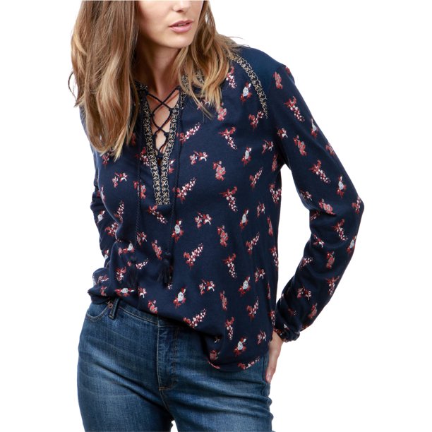 Lucky Brand Blusa de punto con cordones para mujer, azul, mediana Lucky Brand Tejer