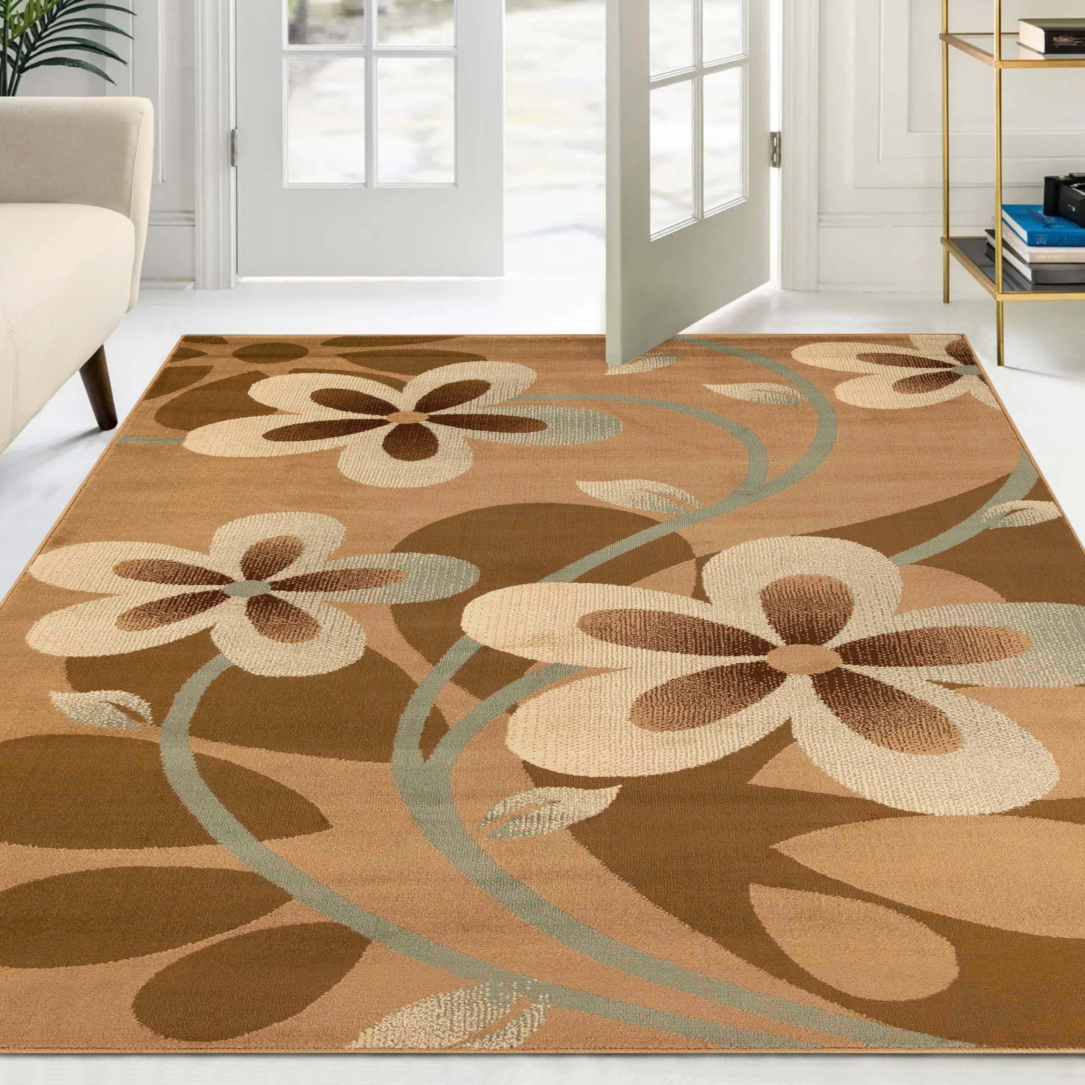 Superior Bohemian Oversized Flower with Vines Power-Loomed Indoor Area Rug, Taupe, 7' x 9'