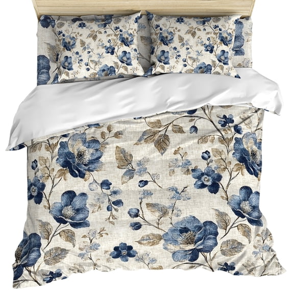 Blue Gray Spring Floral Duvet Cover Set, Vintage Botanical Soft Duvet Cover Twin Size Bedding Set 4 Pieces, 1 Quiltcover and 2 Pillowcases with Zipper, 1 Bed Sheet for All Seasons