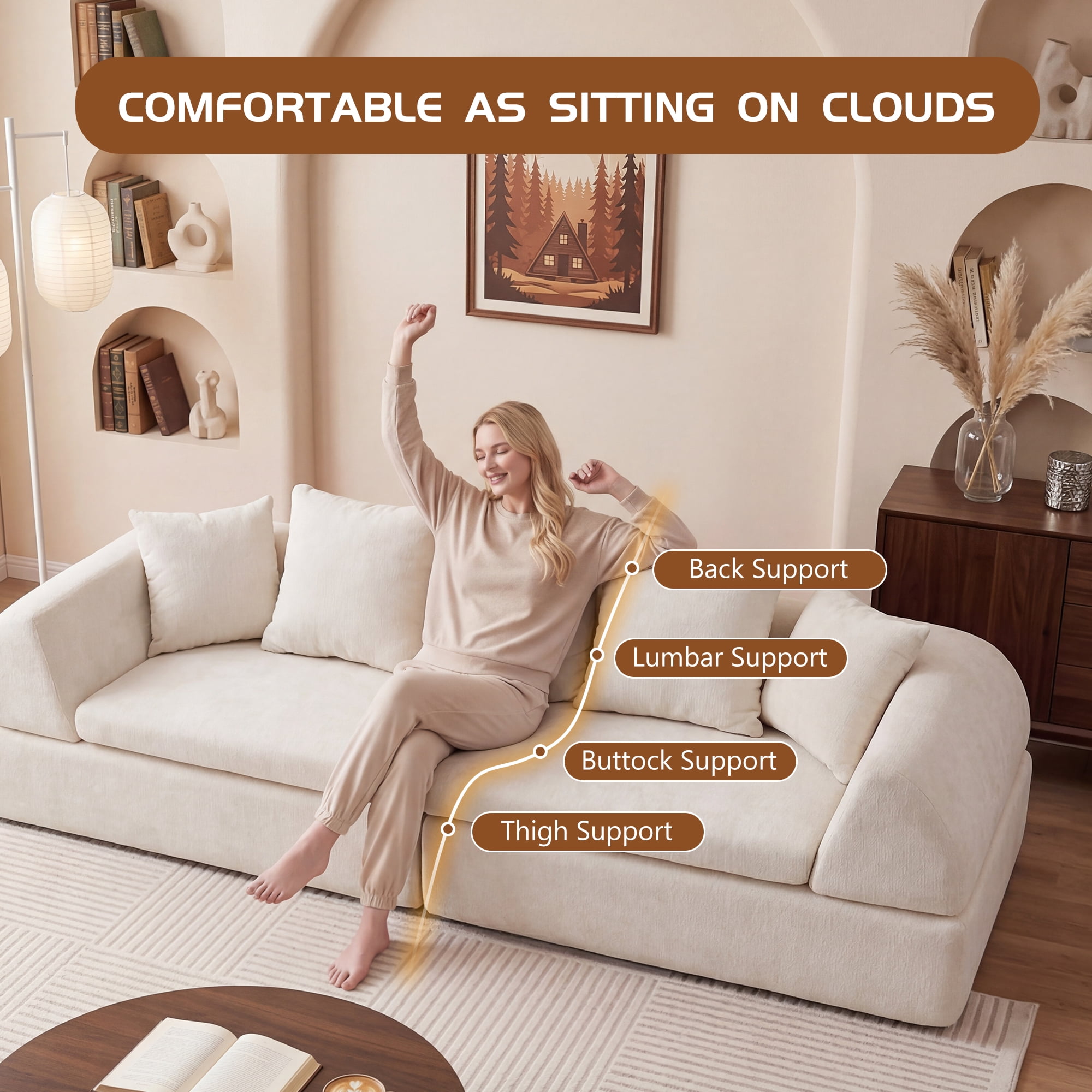 104" Modular Cloud Sectional Sofa with Reversible Ottoman, Vibrant Orange Boneless Couch with Extra Deep Seating