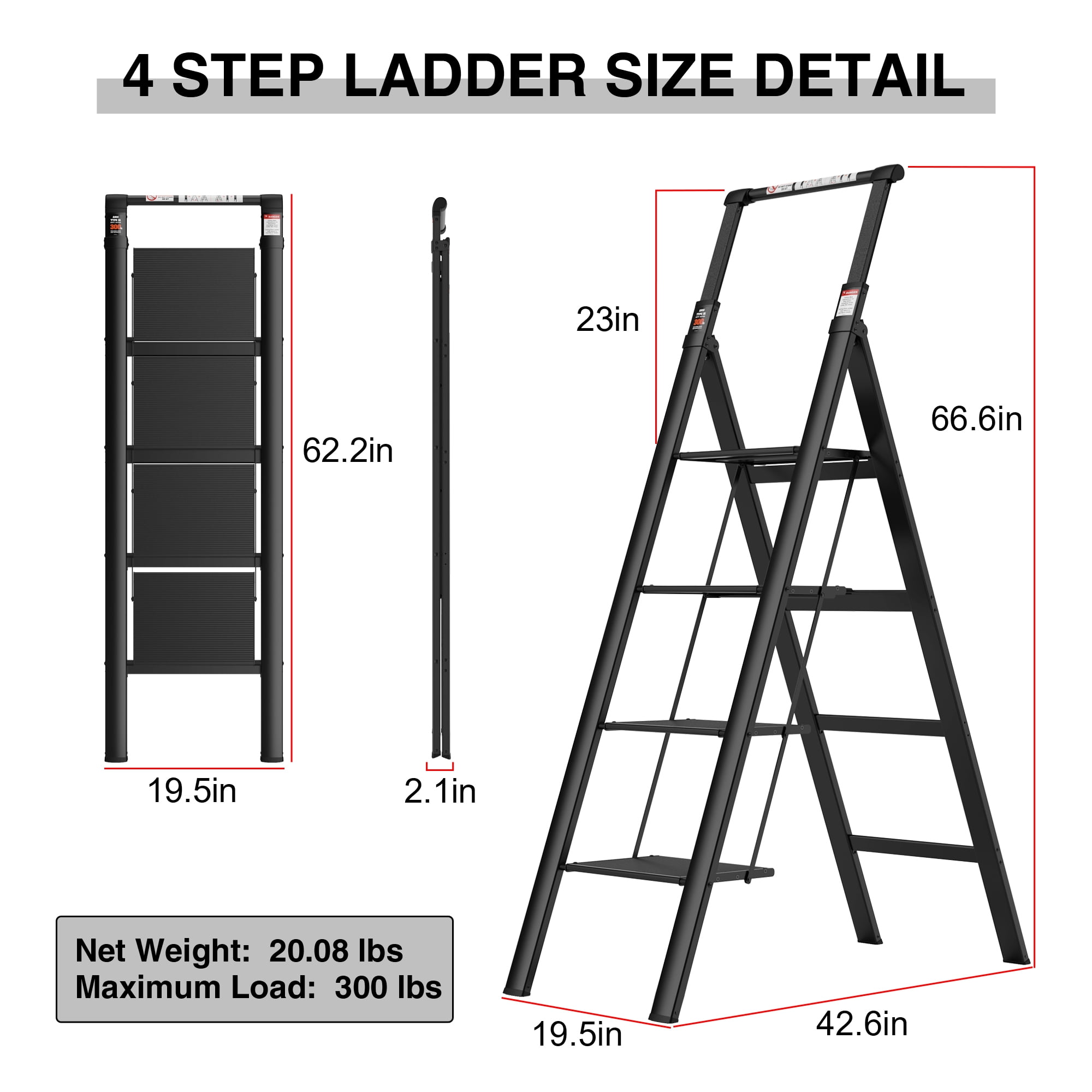 Kadyn Aluminum Retractable 4 Step Ladder, Folding Step Stool with Anti-Slip Wide Pedal, Black Portable Lightweight Ladder for Home, 300lbs Safety Household Ladder