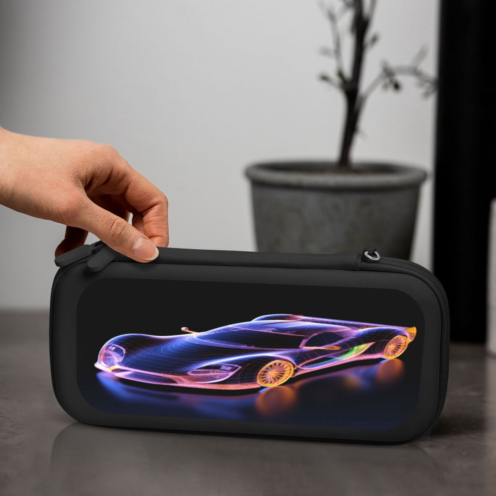 Race Car Hologram (3), Carrying Case For Nintendo Switch & OLED Version, Eva Lightweight Shockproof Protective Pouch Case for Game Console & Accessories with 10 Game Card Slot & Wristband, Black