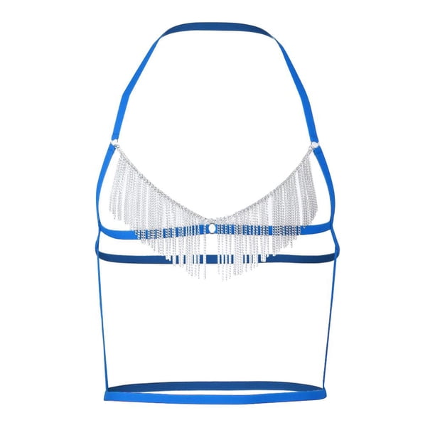 Arnés elástico con borlas para el pecho y correa para el pecho para hombre, disfraz de bar, color azul