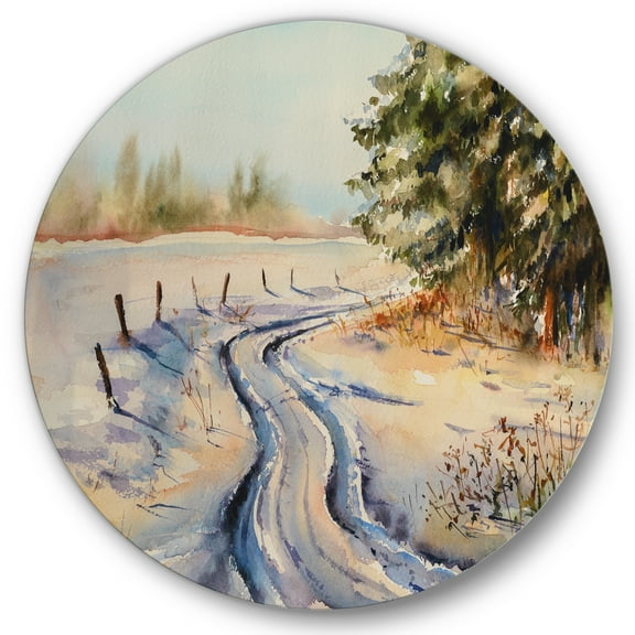 Designart 'Snowy Winter Forest Landscape Rural Road In Snow' Traditional Circle Metal Wall Art 11x11 - Disc of 11