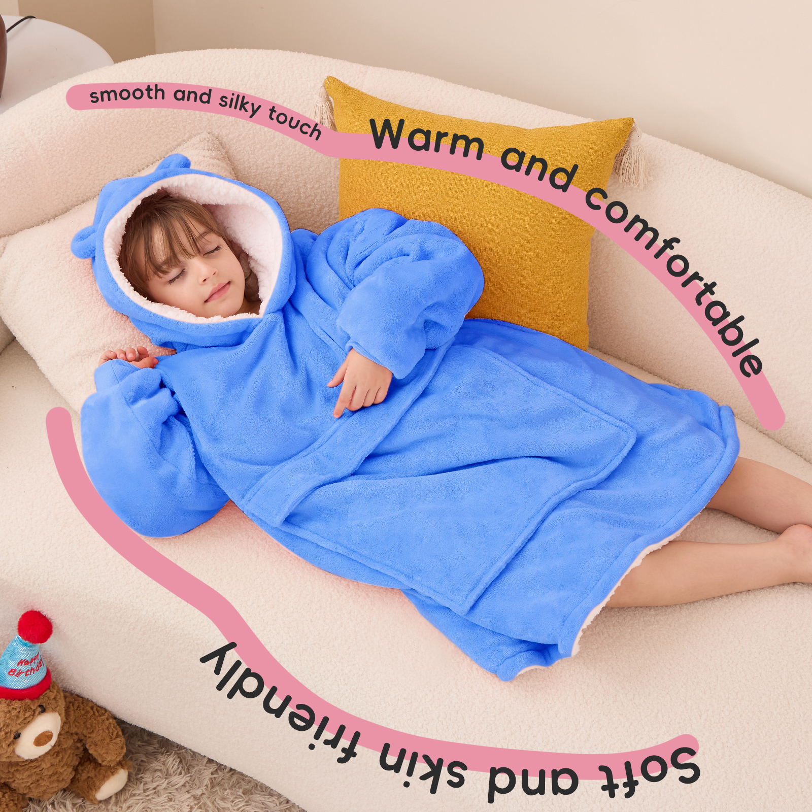 PMONPA Wearable Blanket Hoodie for Kids, Soft Double Layer Sherpa Fleece Sweatshirt,Teen Gifts for Kids, Youth, Boys, Girls, One Size, Sky Blue