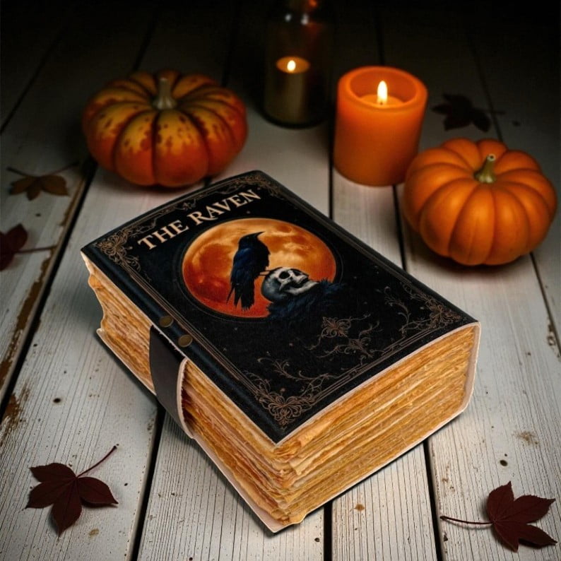 Handmade Leather Journal – “The Raven” Gothic Vintage Notebook, 200 Deckle-Edge Pages, Halloween Theme Diary