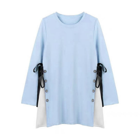 Wdfiry Women's Cotton Maternity Shirts Fashion Solid Side Split Nursing Tops Plus Size Long Sleeve Crew Neck Pregnancy Clothes for Breastfeeding