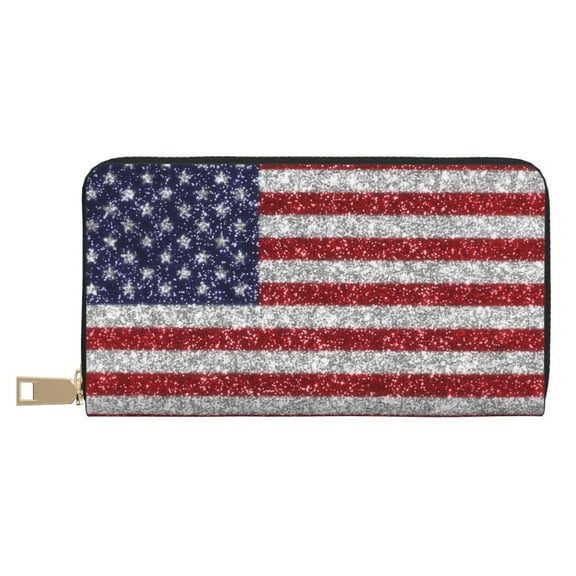 Leather Thin Slim Wallets for Women Men - America Flag Glitter Clutch Card Wallet for Women Men with Zipper