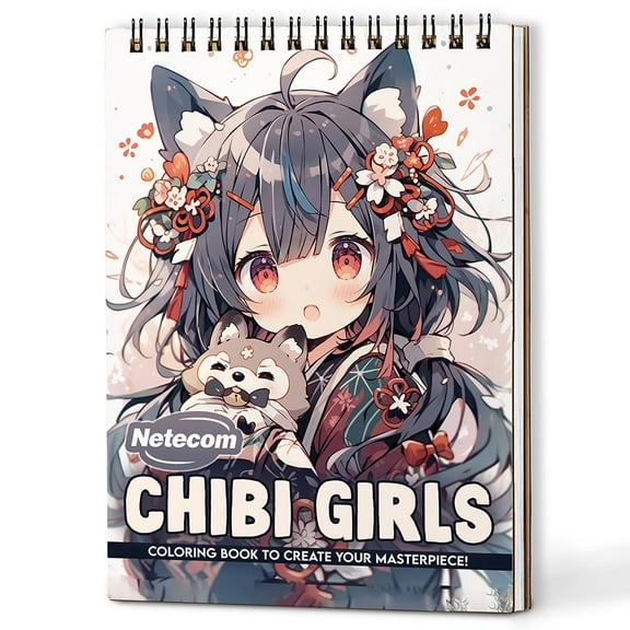Netecom Chibi Girls Coloring Book Spiral Bound for Adults, A5 Wooden Cover, 30 Adorable Characters Coloring Pages of Fantasy Worlds for Stress Relief and Relaxation