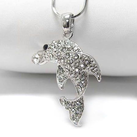 - Dolphin Pave Crystal Set White Gold Plated Pendant and 18