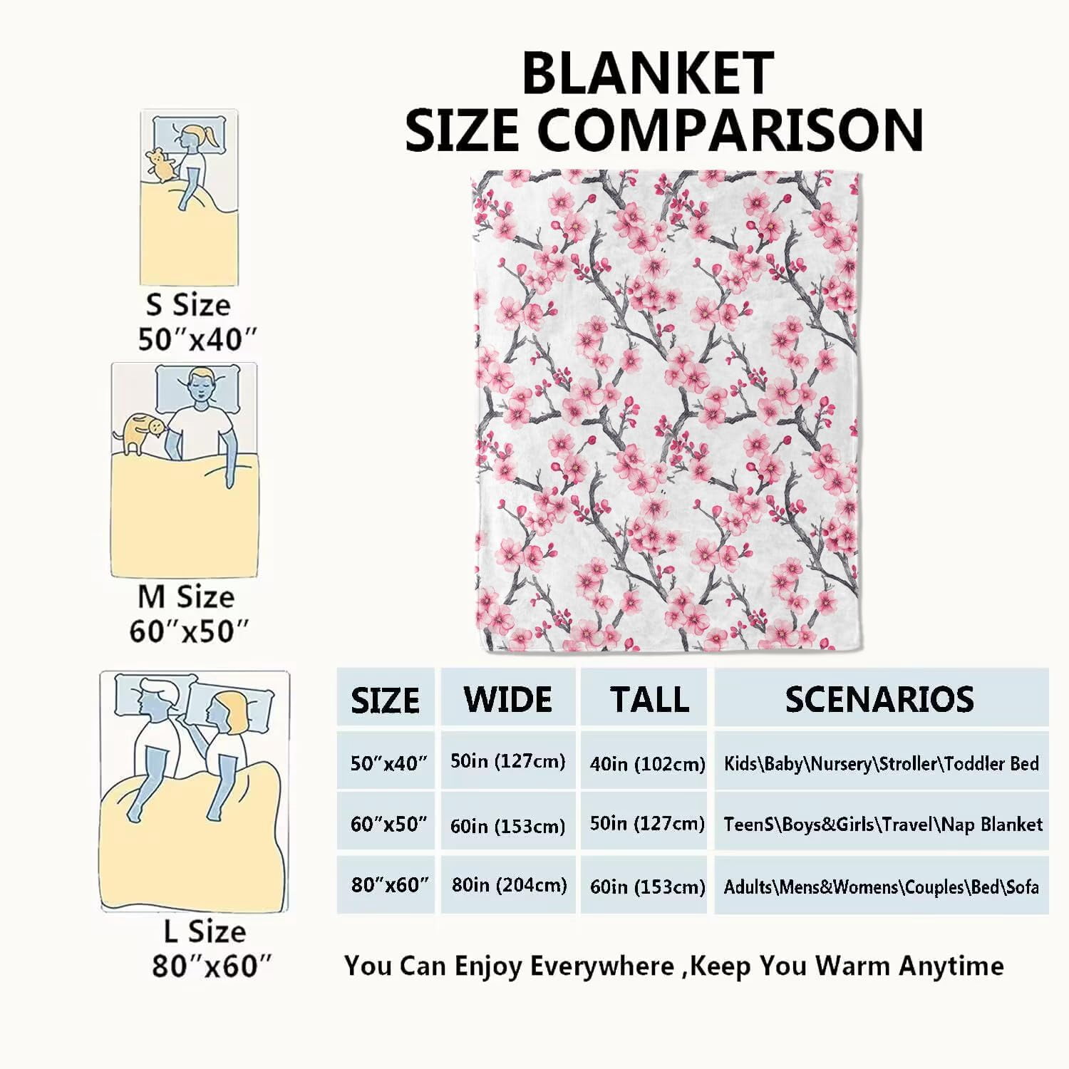 Cherry Blossom Branches Blanket,50x60in,Pink Floral Spring Throw Blankets,Gifts for Kids Girls Women & Nature Flower Lovers, Lightweight Soft Fleece Cozy,for Sofa Couch Bed Room Modern Decor