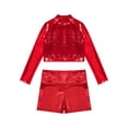 thumbnail image 3 of YiZYiF Kids Girls Glossy Metallic Jazz Hip Hop Dance Outfit Long Sleeve Sequins Crop Top with Dance Shorts Activewear Red 10, 3 of 5