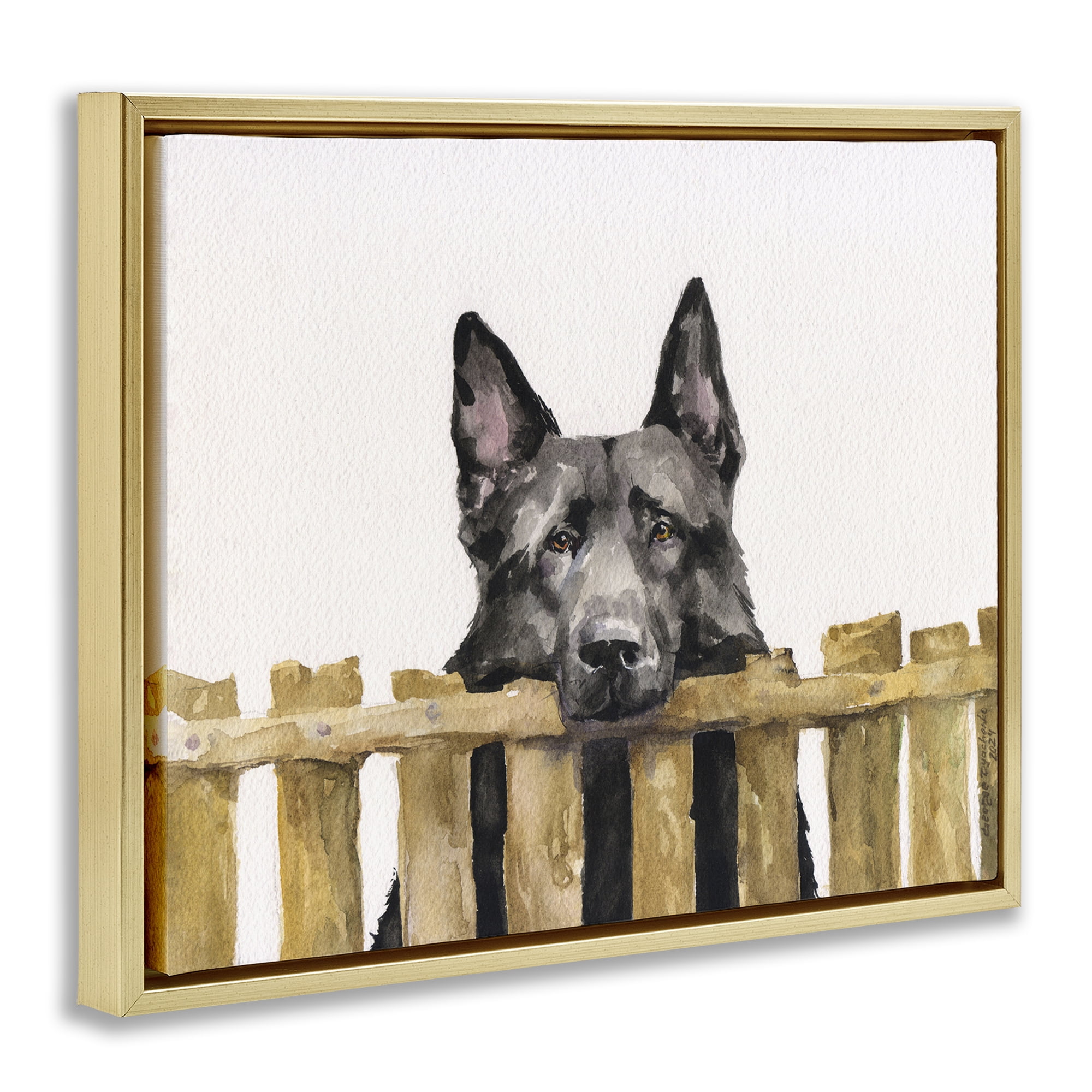 Stupell Industries Black German Shepherd Animals Painting Gold Floater Framed Canvas Art Print Wall Art, 21 x 17