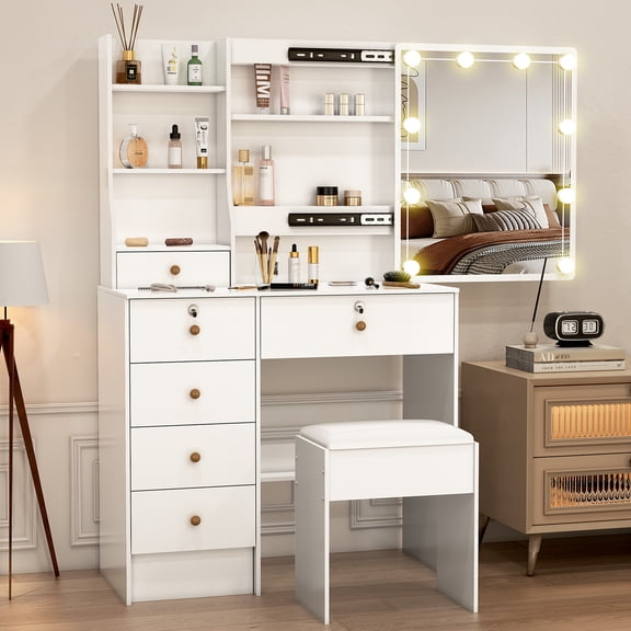 Caulitar Vanity Table with Sliding Mirror and Lights, 3 Light Modes, Makeup Table with Drawers and Storage Shelves, White