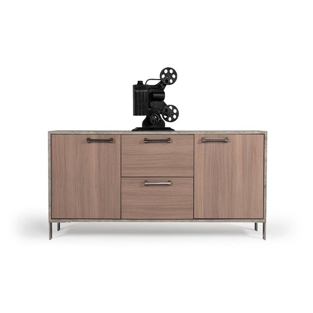 Modrest Boston Stainless Steel & Faux Concrete Office File Cabinet in Brown Oak