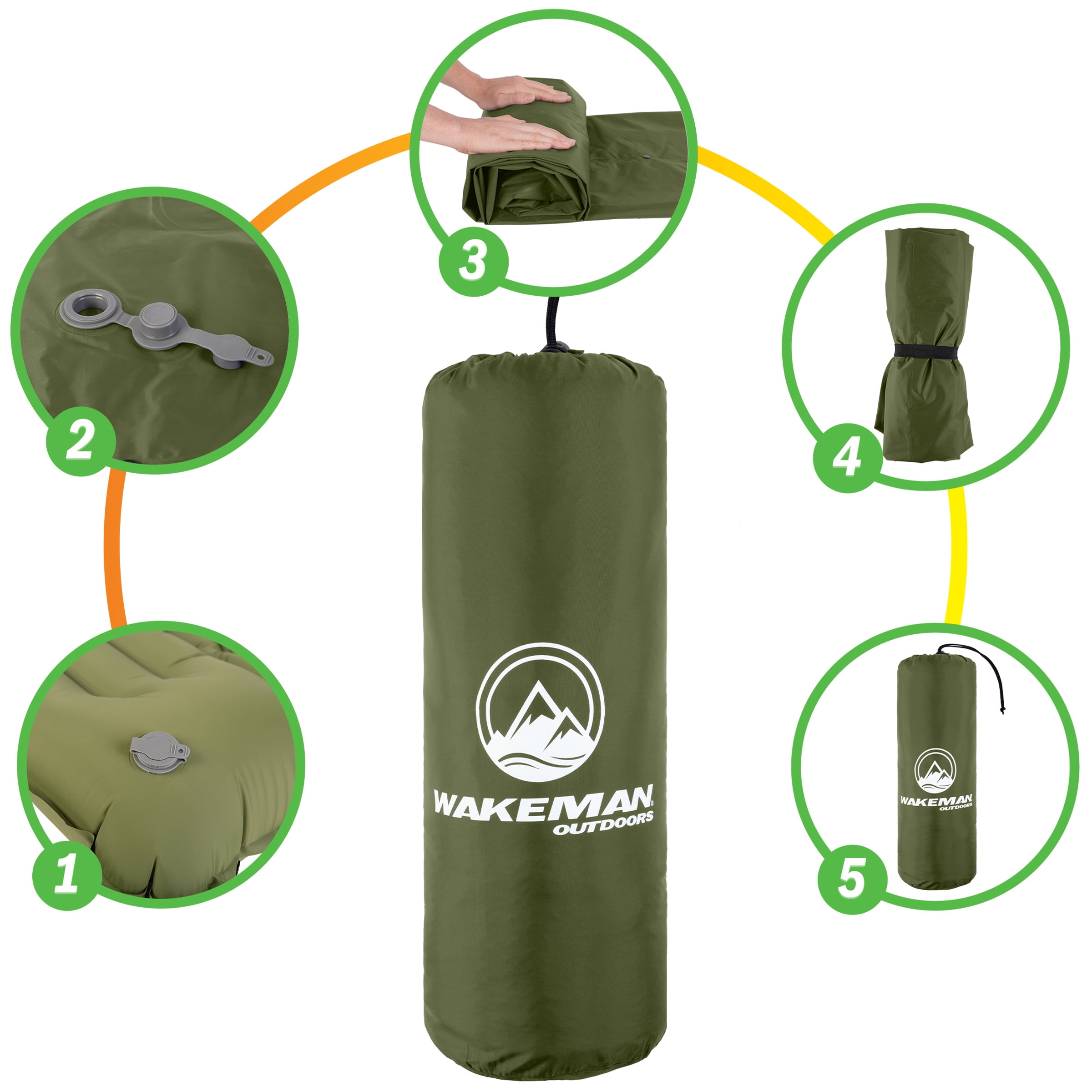 Wakeman Outdoors Inflatable Sleeping Pad with Built-in Foot Pump, Olive