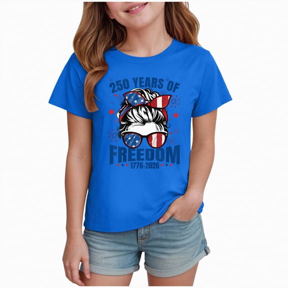 kpoplk 250Th Anniversary Girls Tops USA Flag Patriotic Tee Short Sleeve T-Shirts 4th of July Casual Shirts(Blue,3-4 Y)