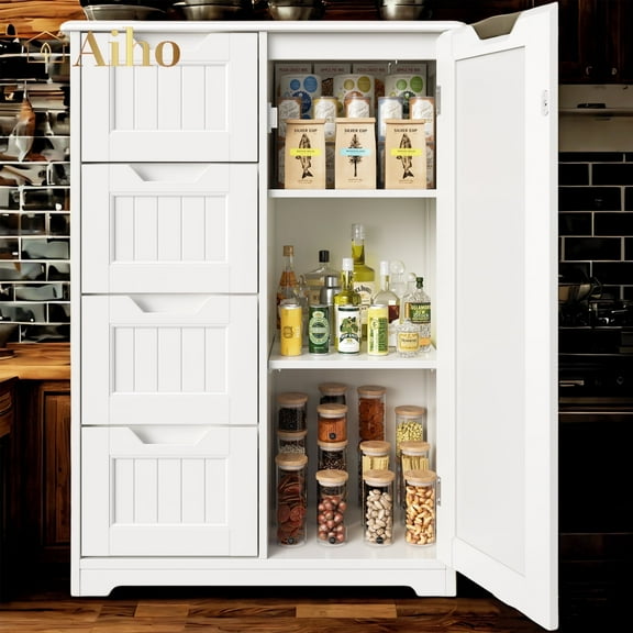 Aiho Pantry Storage Cabinet, 33" Wood Kitchen Pantry Storage Cabinet with 4 Drawers, 1 Door and 3 Shelves for Dining Room, Bedroom - White
